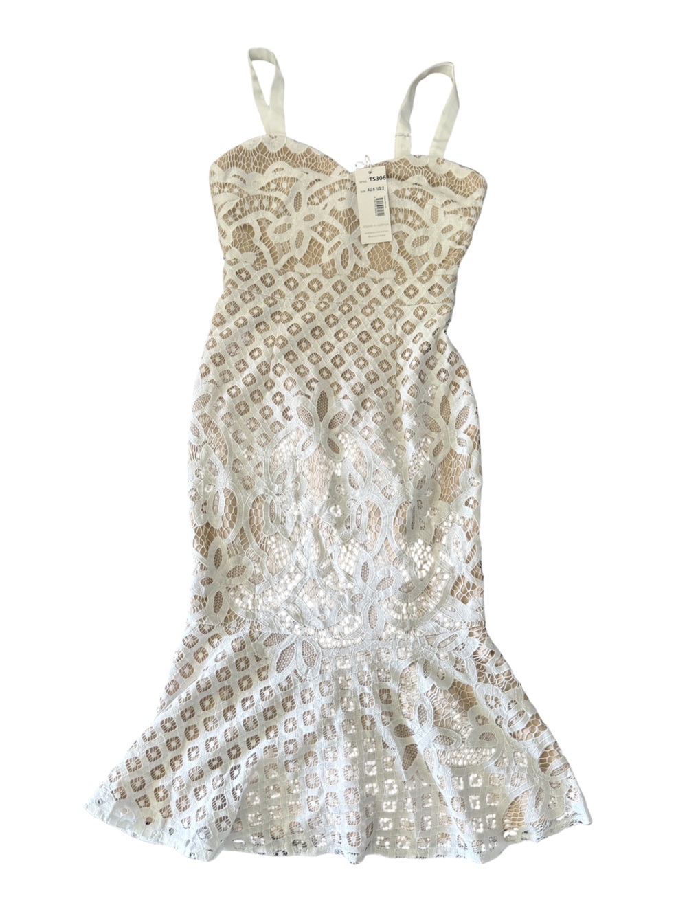 Two Sisters ELLA Dress - White Lace Midi Dress w Straps - NEW W/ TAGS MSRP $130